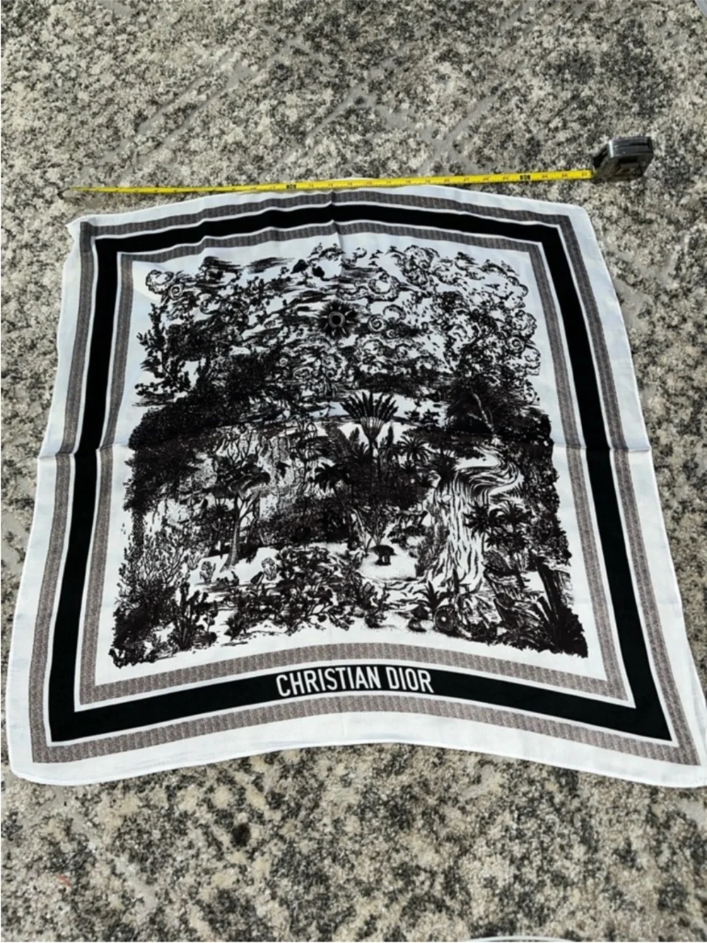 Dior Black and White Toile Silk Scarf with Neutral Stripes